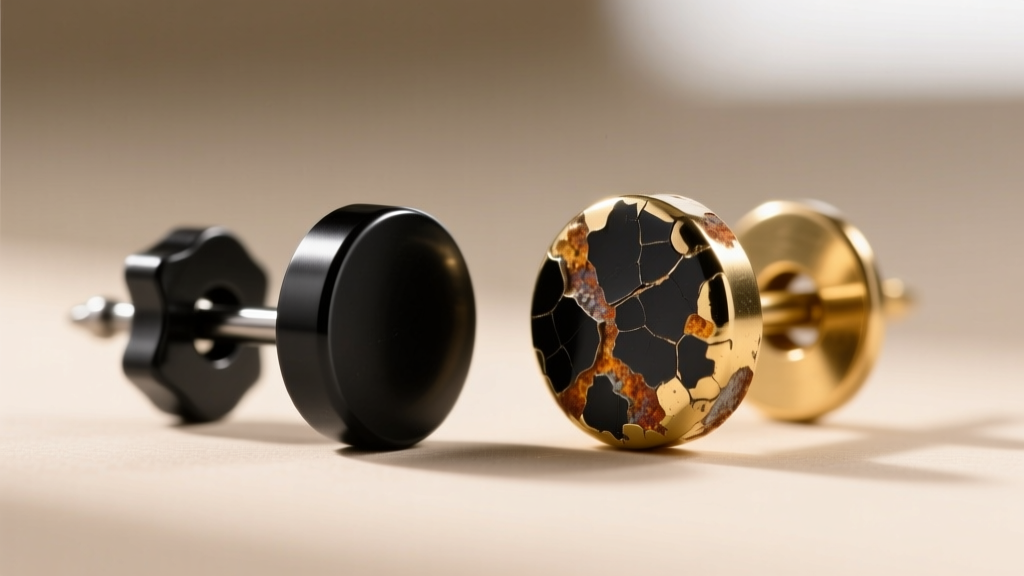Macro photography of a 20-gauge black PVD titanium earring post next to a flaking black rhodium brass post showing degradation.