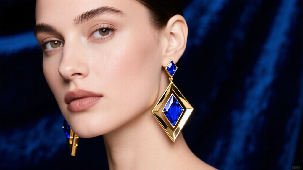 Model wearing geometric lapis lazuli and gold statement drop earrings, soft studio lighting against a deep navy velvet background