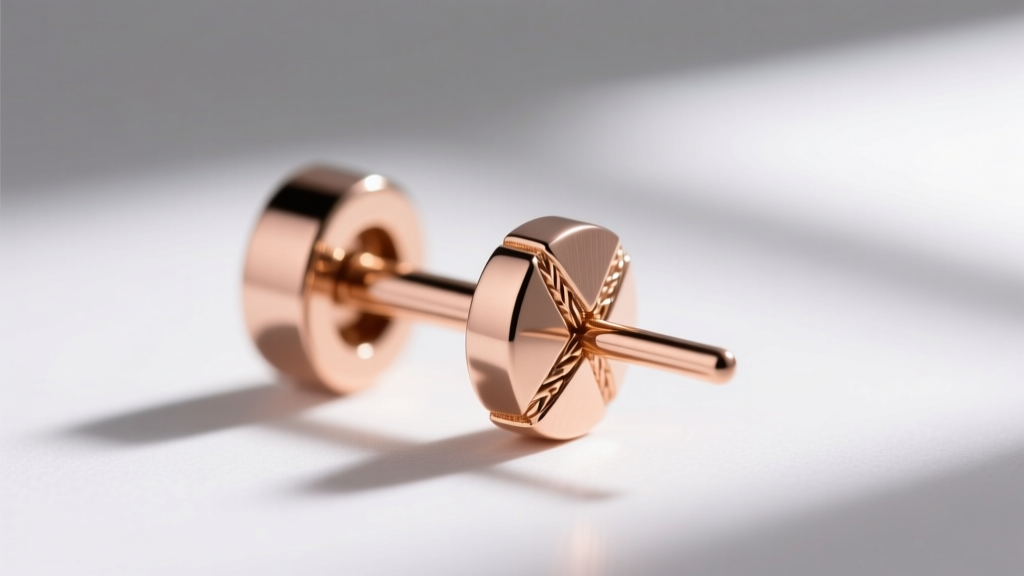 Macro shot of a custom 14k rose gold earring post showing a laser-welded joint and 18-gauge thickness on a jeweler's workbench.