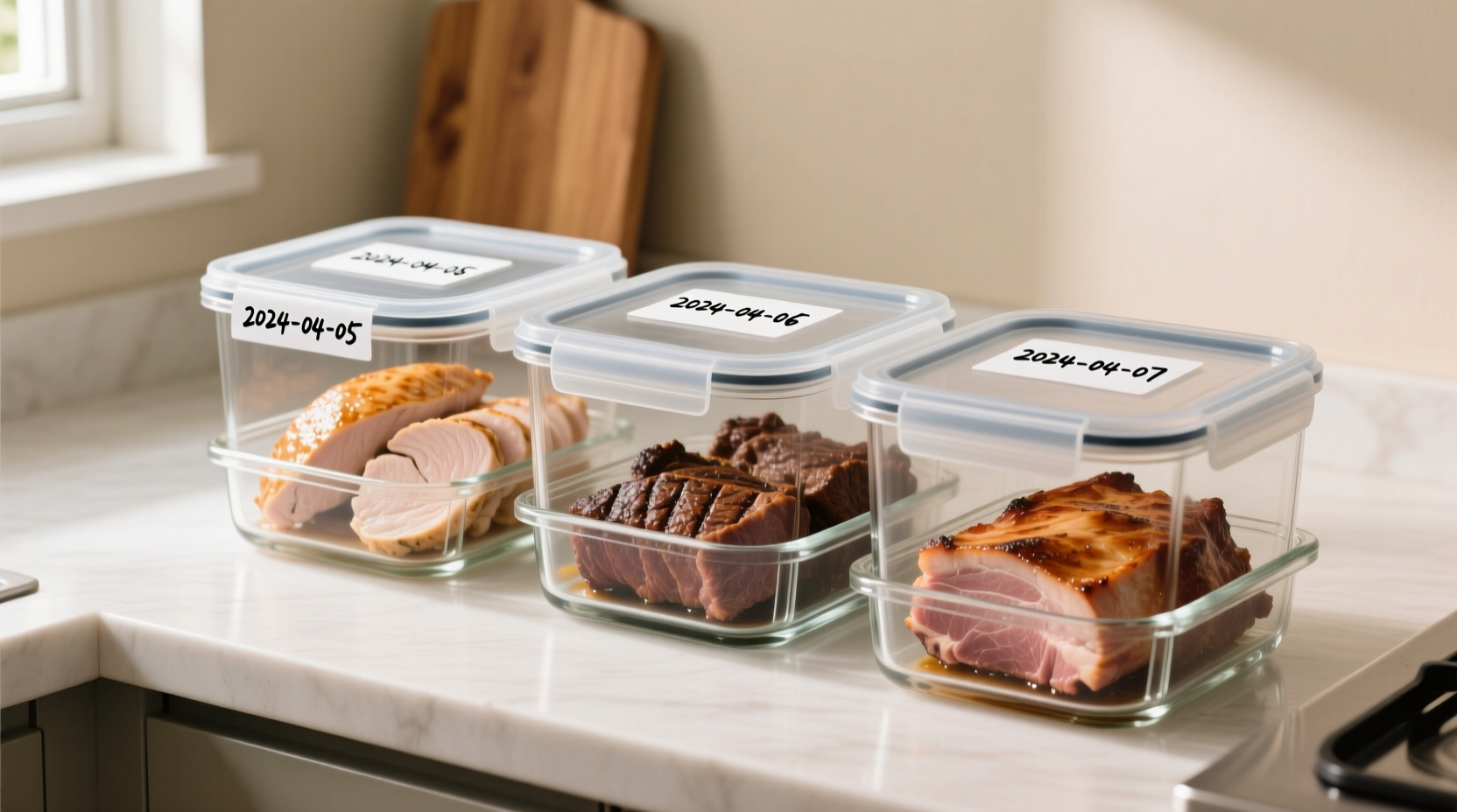 Properly stored cooked meat in glass containers with date labels