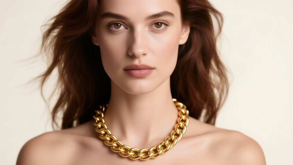 Woman wearing an 18-inch 14k gold rope chain resting on her collarbone, soft studio lighting highlighting the delicate metal.