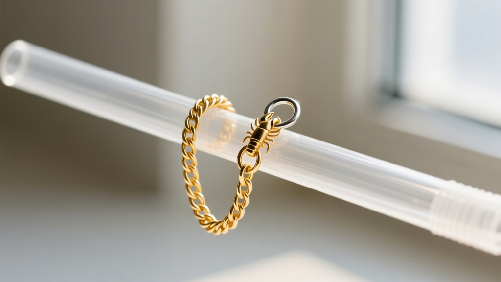 Close-up of a fine gold cable chain threaded through a clear plastic straw, with the small lobster clasp secured to the jump ring.