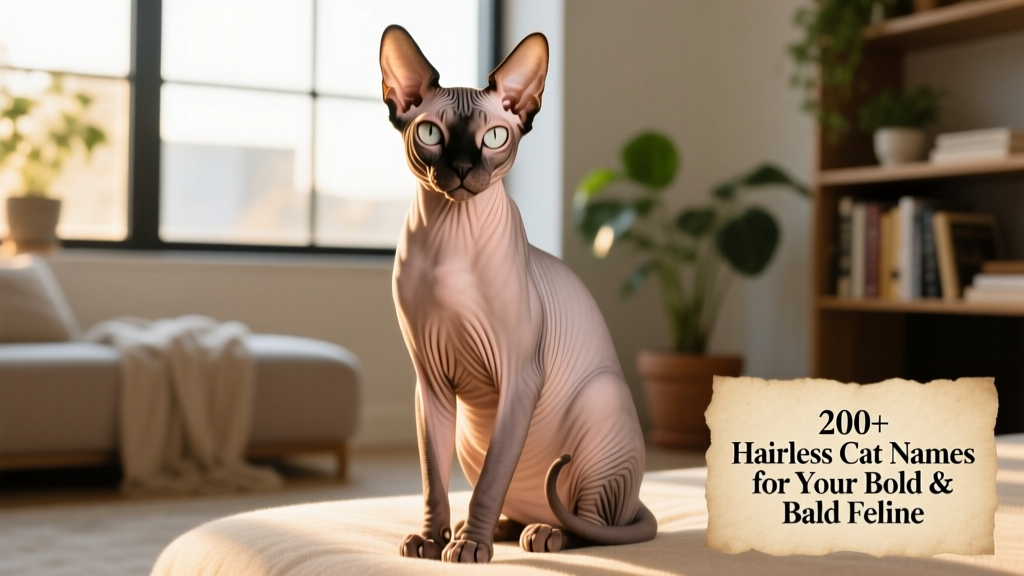 A sleek, expressive Sphynx cat sitting upright, gazing confidently at the camera