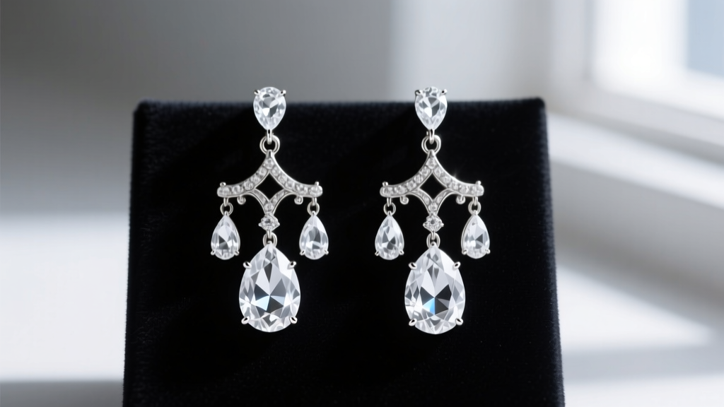 Close-up of vintage chandelier earrings with articulated white sapphire drops set in platinum resting on dark velvet display pad