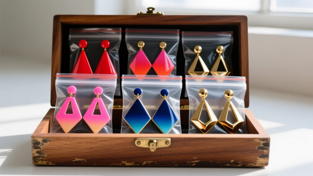 Oversized 1980s acrylic and enamel drop earrings stored safely in individual clear anti-tarnish zip bags in a wooden box