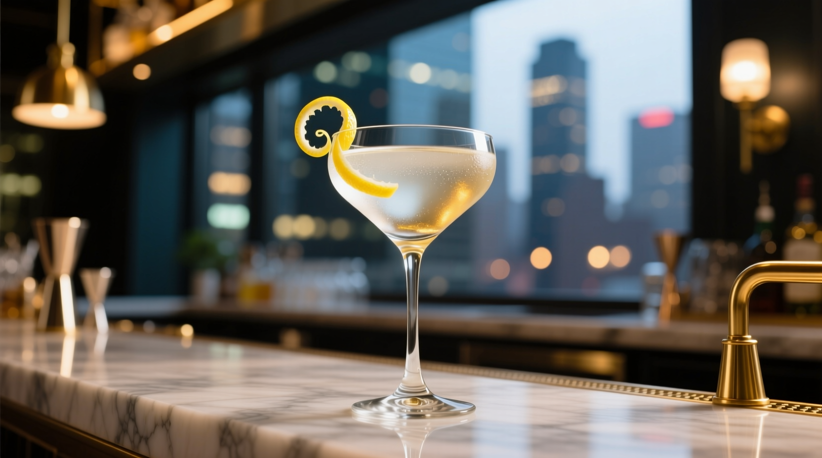 Classic martini in a stemmed glass with lemon twist