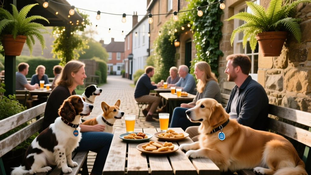 A lively pub patio in Swindon, UK, with dogs lounging beside owners enjoying drinks and shared plates, under string lights and greenery