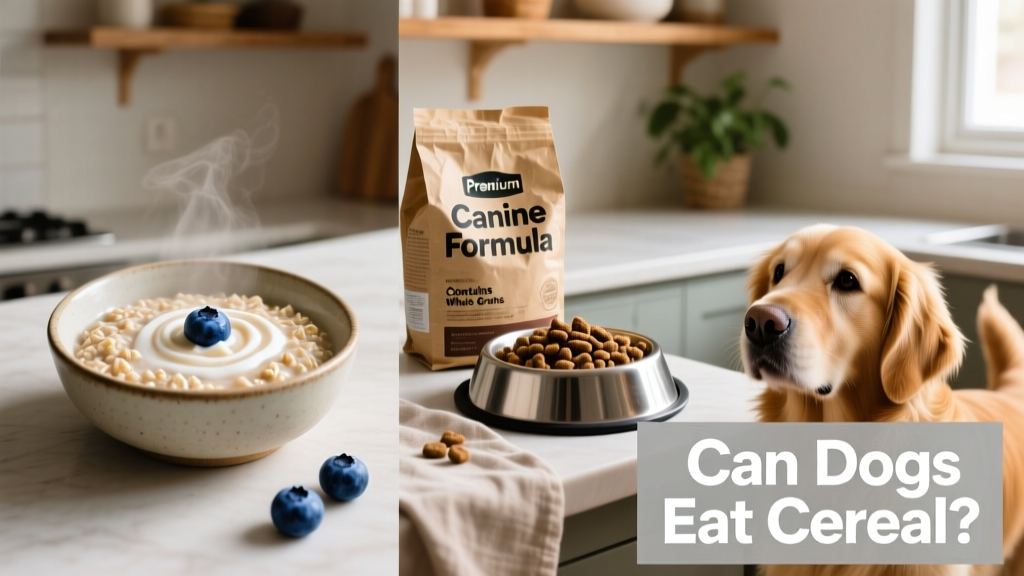 Side-by-side comparison: a small bowl of plain oatmeal and a few blueberries next to a dog’s food bowl
