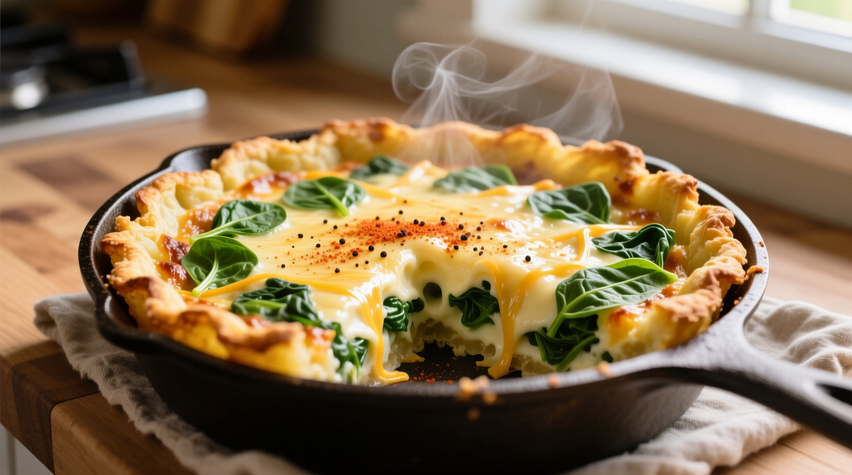 Golden hash brown potato crust quiche with visible cheese and spinach filling