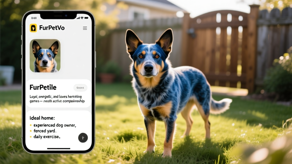 Screenshot of a FurPetVo pet profile page showing an Australian Cattle Dog's photo, bio, and adoption preferences