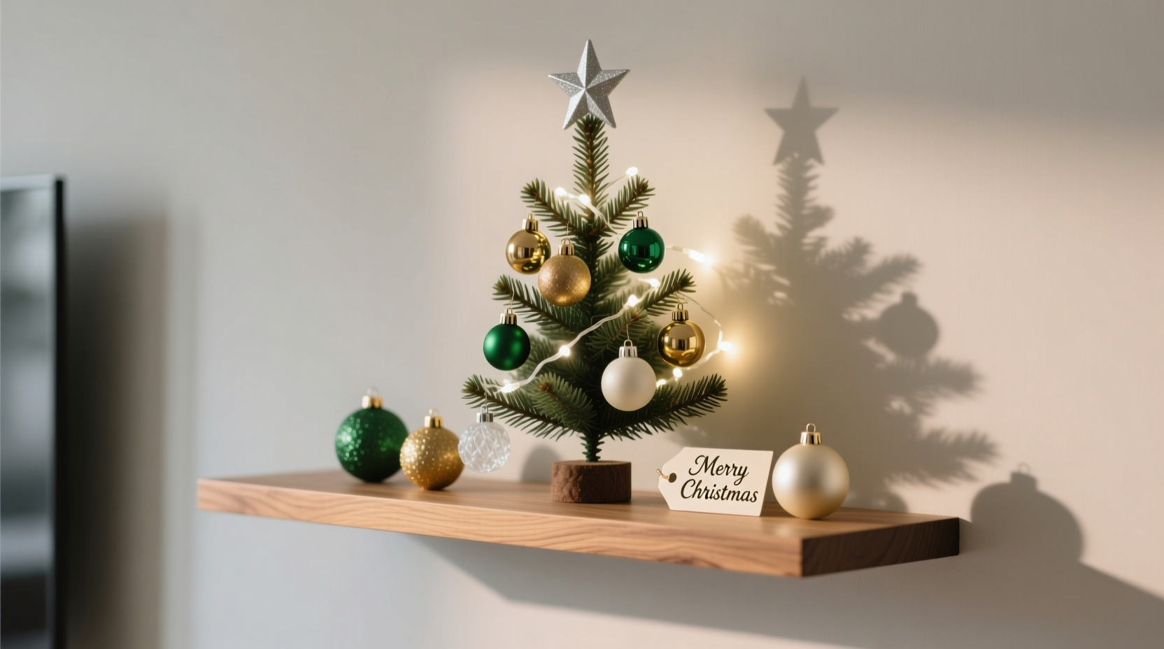 how to decorate a floating wall shelf with mini christmas tree and tiny ornaments