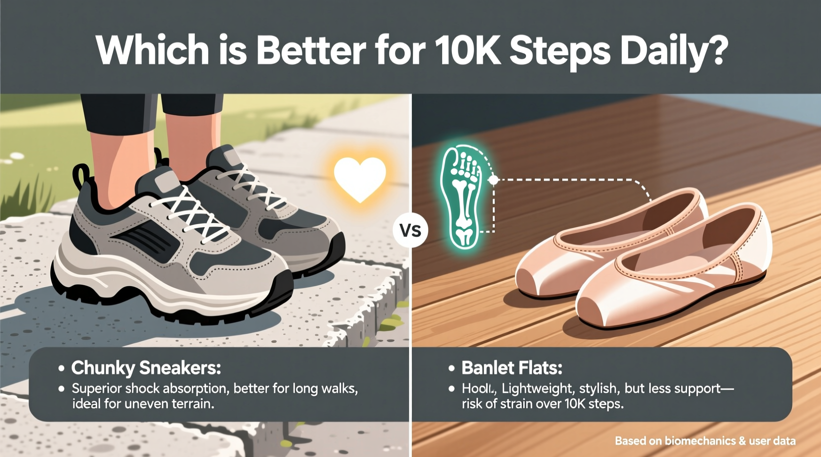 chunky sneakers vs ballet flats which are better for walking 10k steps daily