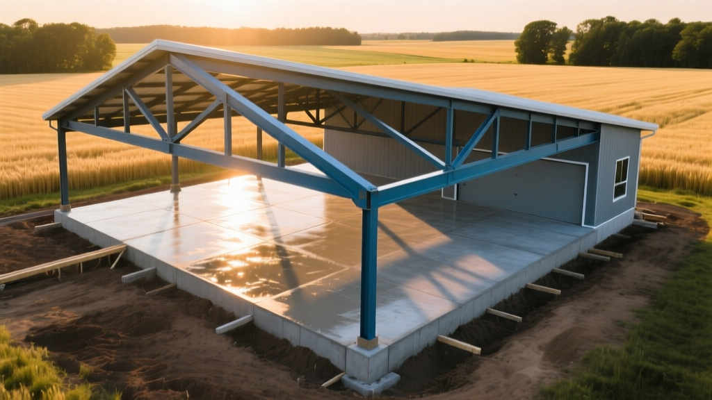 Aerial view of a newly poured concrete slab and framed 57-foot post-frame garage building with steel trusses in a rural setting