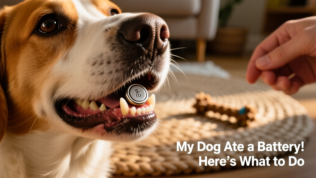 Close-up of a dog’s mouth with a small button battery partially visible between teeth