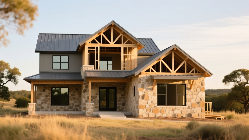 Modern two-story Texas Hill Country home with limestone masonry and standing seam metal roof under construction with wooden framing visible