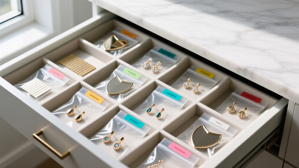 Organized jewelry drawer featuring anti-tarnish shield strips and individual zip-lock polyethylene bags holding costume earrings.