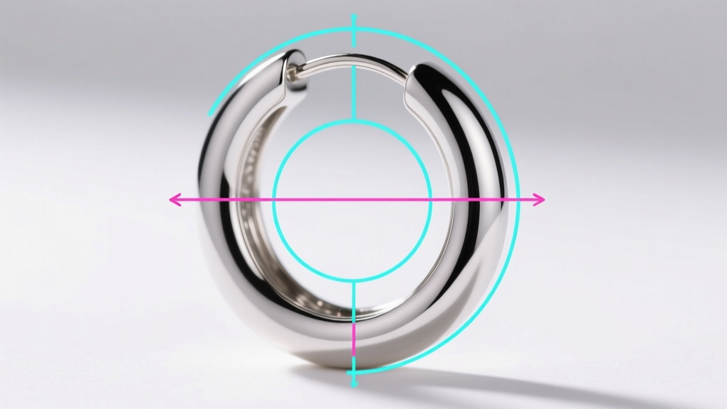 Technical line drawing overlay on a silver hoop earring showing the exact difference between inner diameter and outer diameter