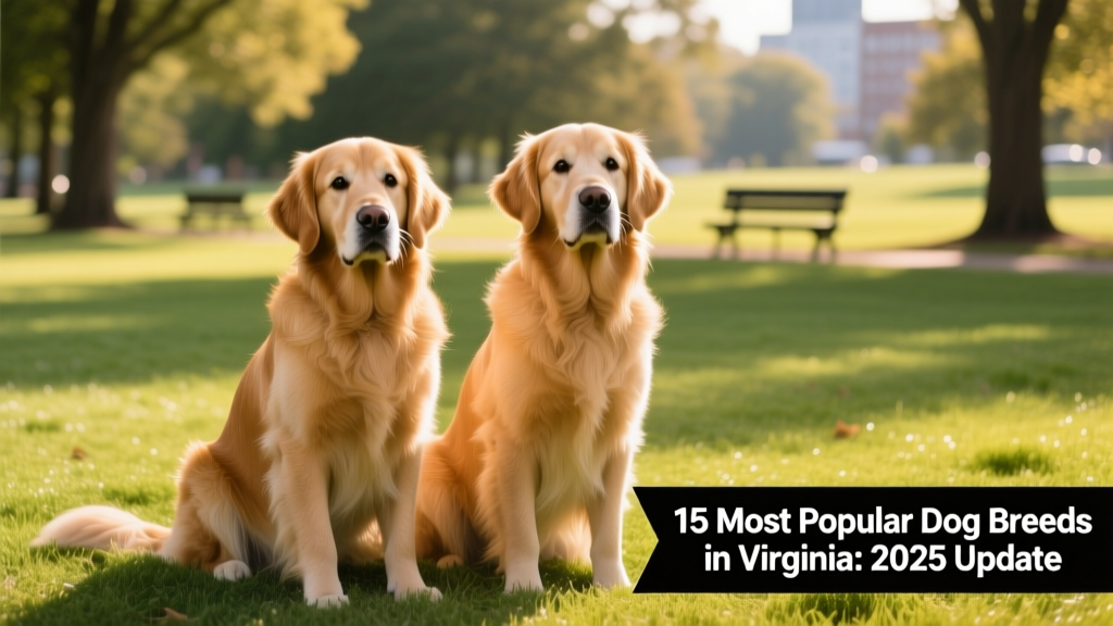 Two well-groomed Golden Retrievers sitting side by side on a grassy park lawn
