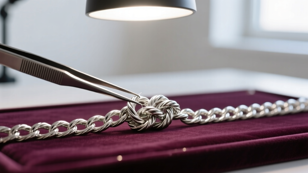 Tweezers gently detangling a knotted 70cm silver rope chain on a soft velvet jeweler pad under a bright magnifying lamp