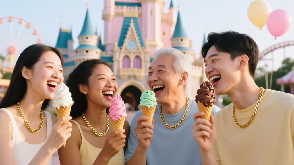 Four friends wearing matching gold-filled crew necklaces while eating ice cream in front of a blurred pastel theme park castle