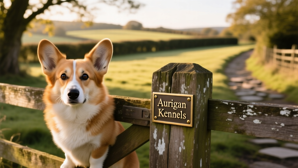 A Cardigan Welsh Corgi standing alert beside a rustic wooden fence, with a small engraved metal plaque reading 'Aurigan Kennels' mounted nearby