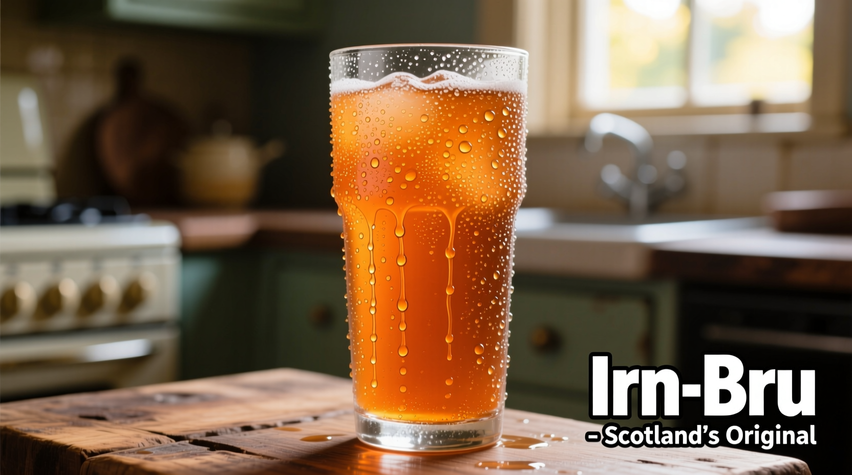 Glass of Irn-Bru with condensation