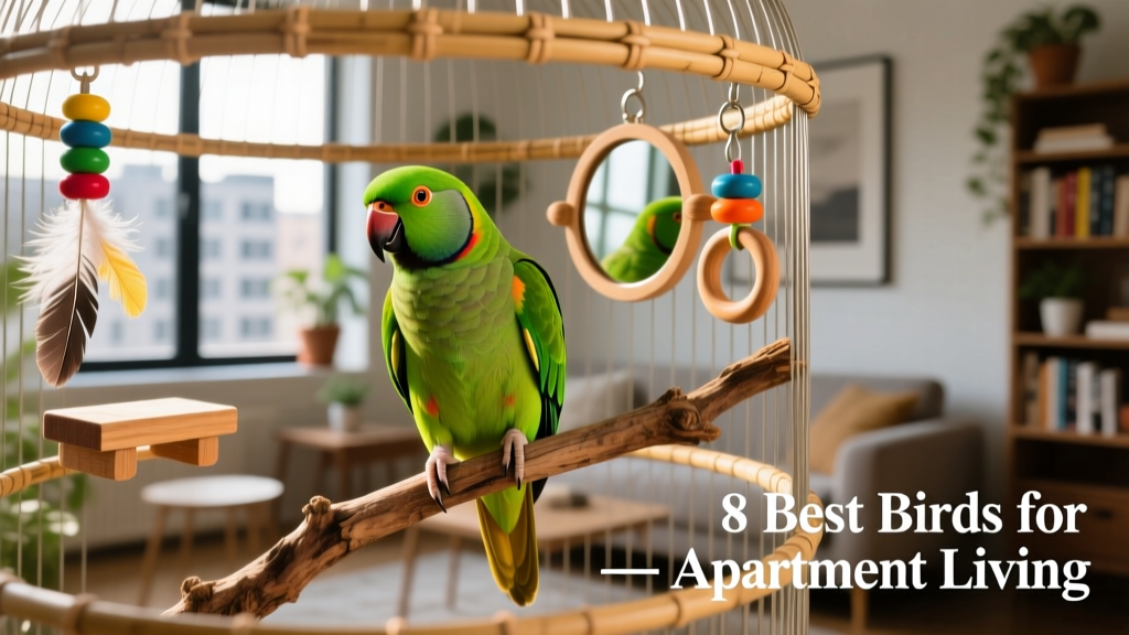 A vibrant Pacific parrotlet perched on a natural wood branch inside a well-appointed cage with toys and perches