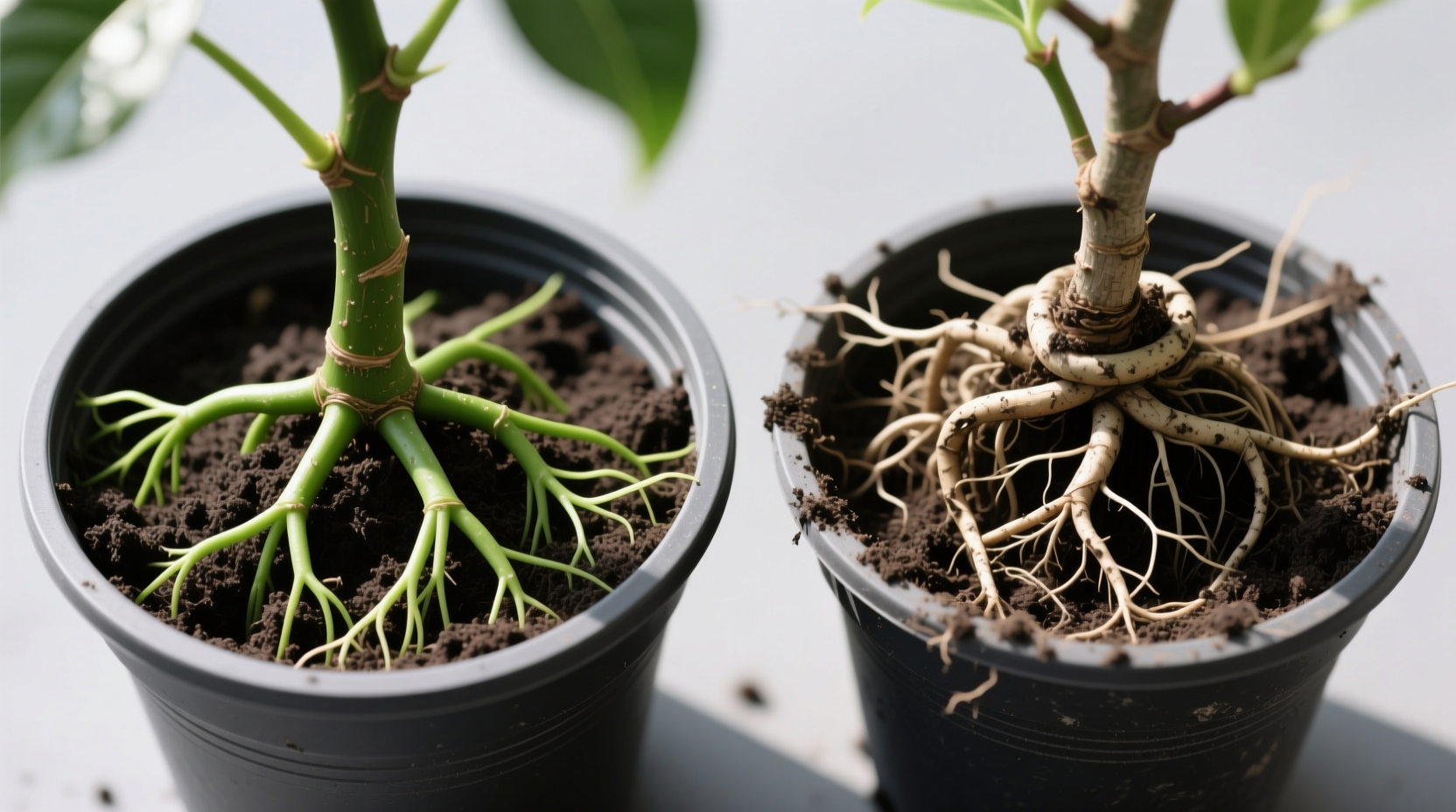 Side-by-side comparison of healthy Tabebuia root system vs. root-bound specimen in nursery pot