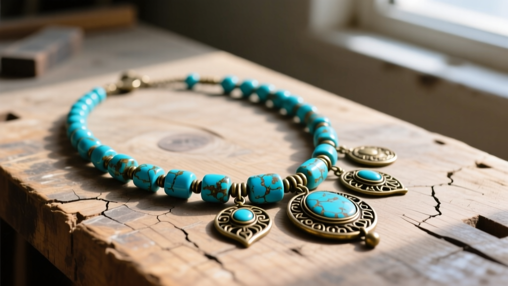 Close-up of a vintage hippy necklace with turquoise beads and tarnished brass pendants laid flat on a rustic wooden workbench