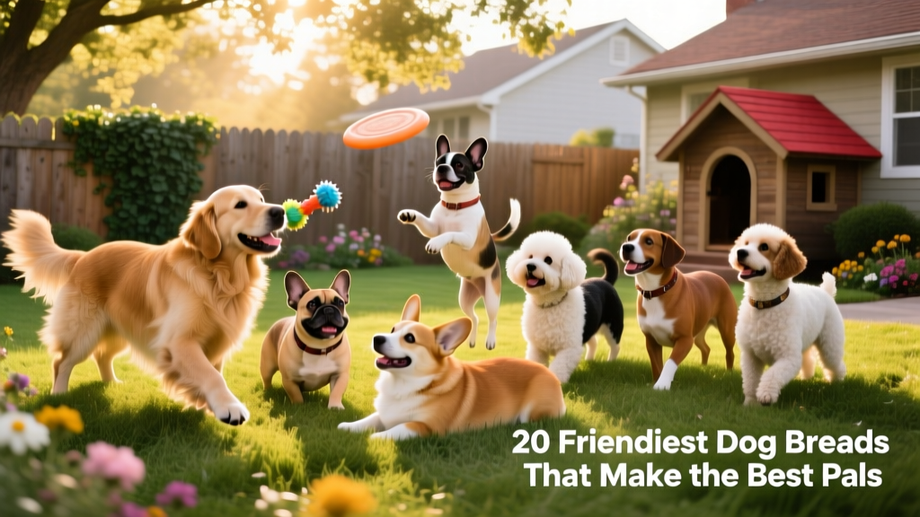A diverse group of friendly dogs playing together in a sunlit backyard