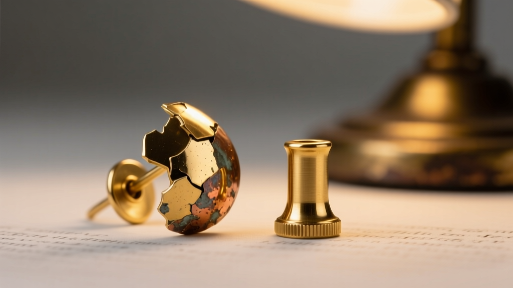 Macro photo of a peeling gold-plated brass earring post next to solid 14k gold post, showing flaking metal under a warm desk lamp.