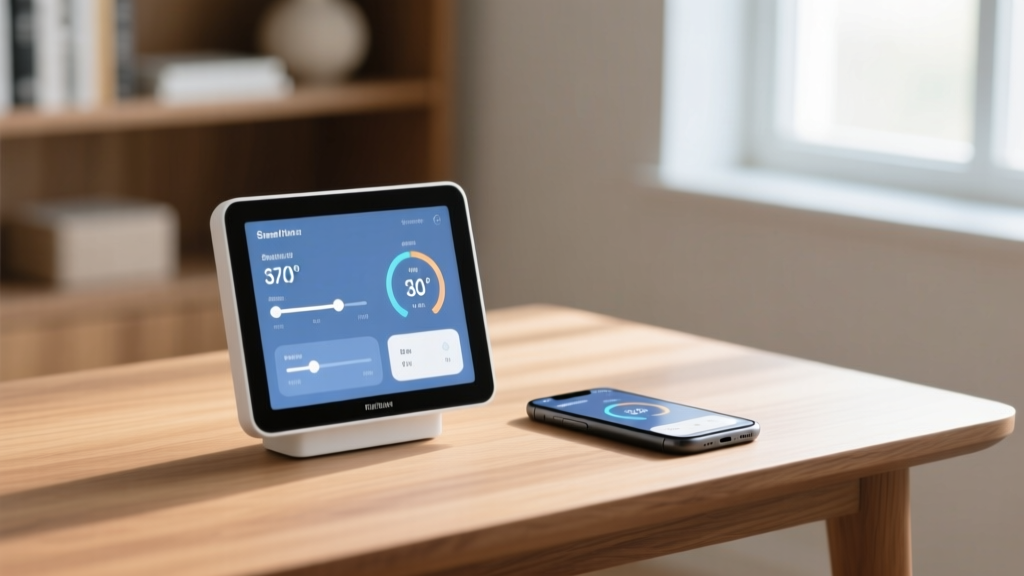 Modern smart home display on a wooden desk showing a unified dashboard for lighting and climate controls with a phone charging on the base.