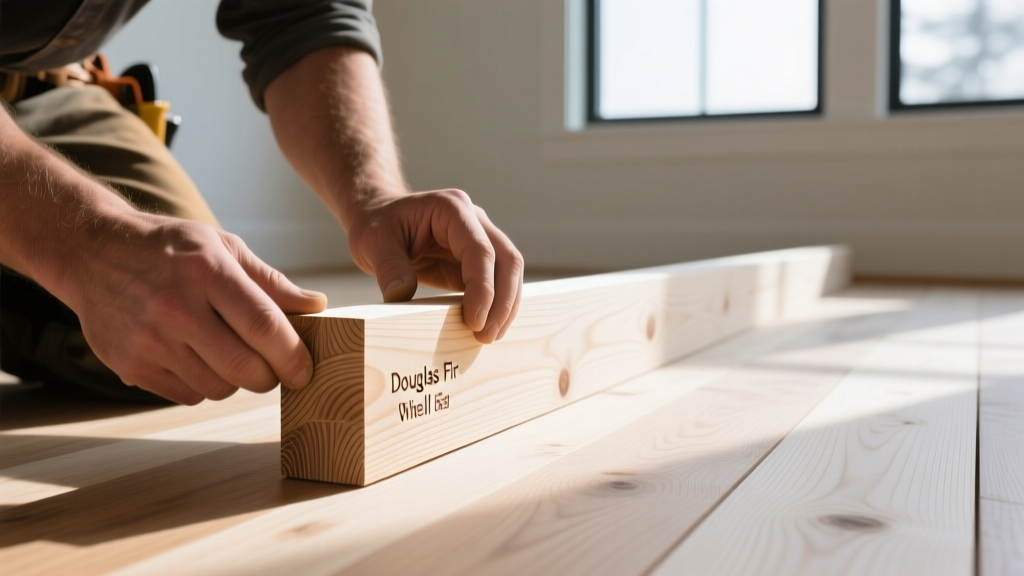 Close-up of a builder examining a stamped Douglas Fir framing stud next to a finished White Oak floorboard in a sunlit construction site