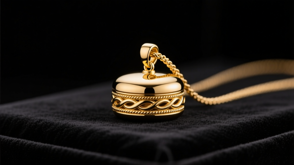 Polished 14k yellow gold cremation urn pendant on dark velvet, soft studio lighting highlighting the threaded bale mechanism.
