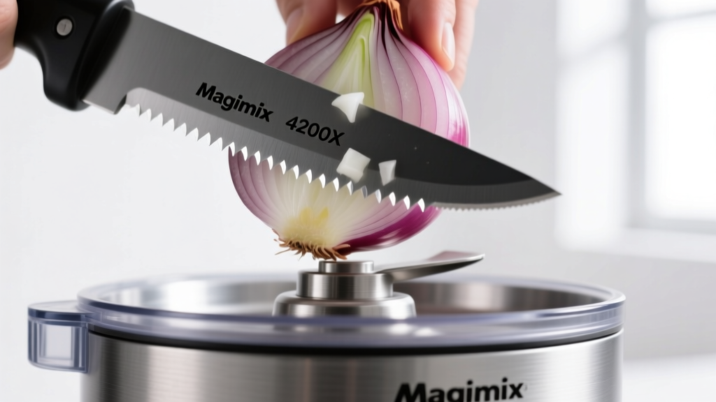 Close-up of Magimix 4200XL food processor S-blade chopping onions showing the micro-serrated edge and heavy-duty die-cast metal base