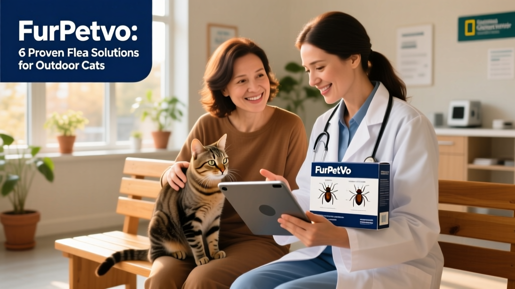 Veterinarian reviewing a digital chart with a cat owner while holding a FurPetVo product box