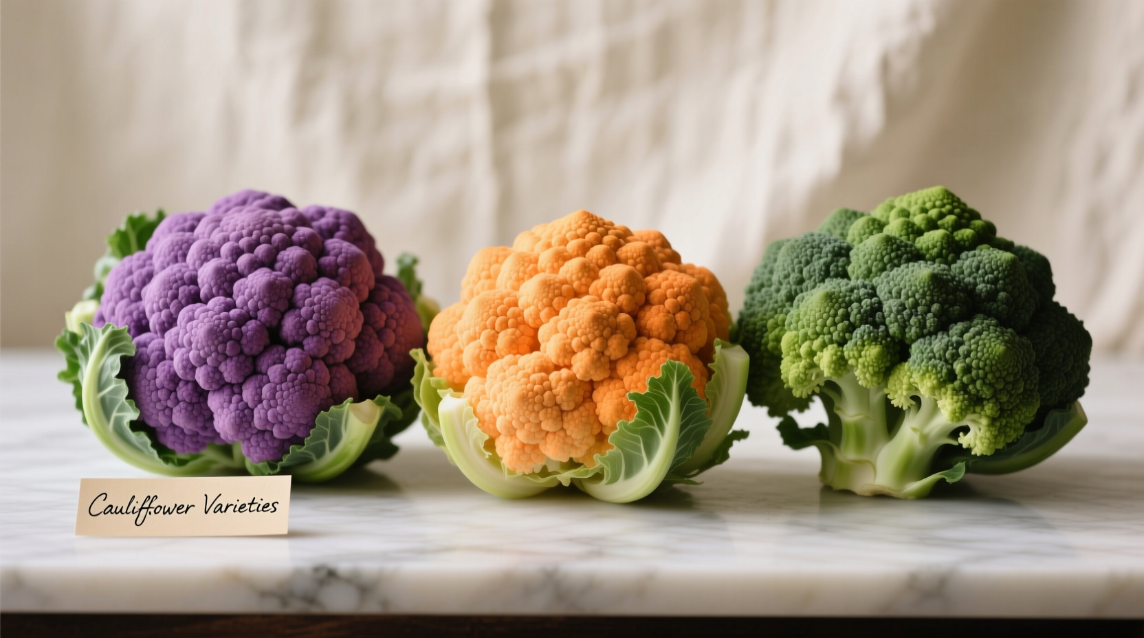 Purple, orange, and green cauliflower varieties side by side