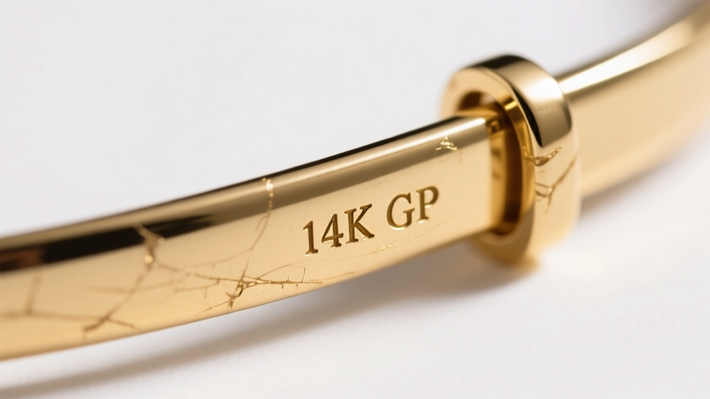 Macro shot of a gold clasp showing a 14K GP stamp, lit by side light to reveal the thin plated surface texture and minor wear