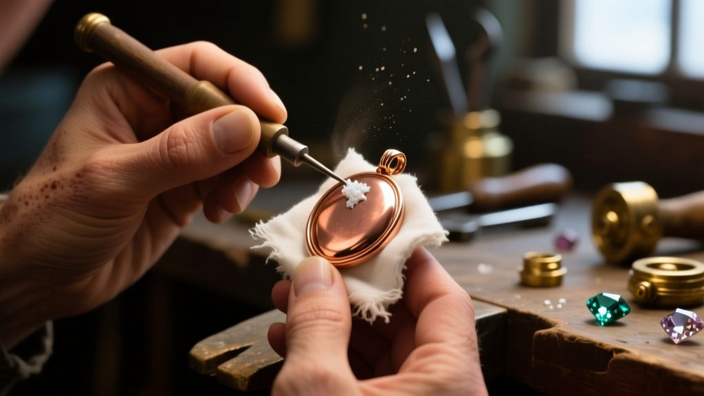 Close-up of a jeweler applying microcrystalline wax to a polished copper pendant with a soft cotton cloth in a dimly lit workshop