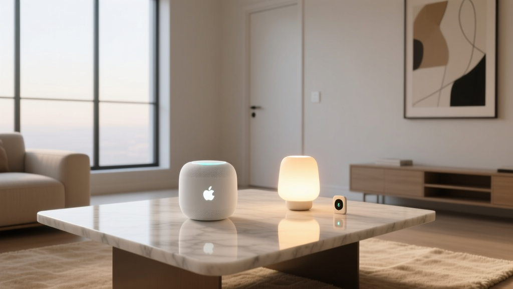 Minimalist living room featuring a white Apple HomePod mini on a marble table next to a glowing smart lamp and discreet door sensor