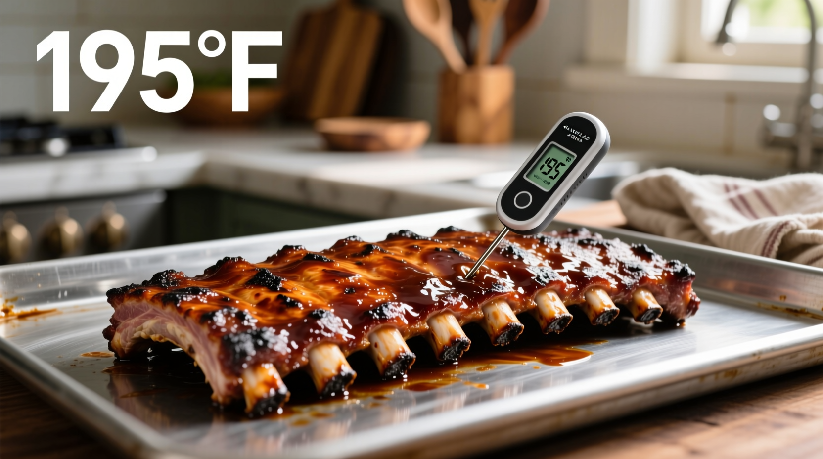 Perfectly cooked ribs on baking sheet with thermometer