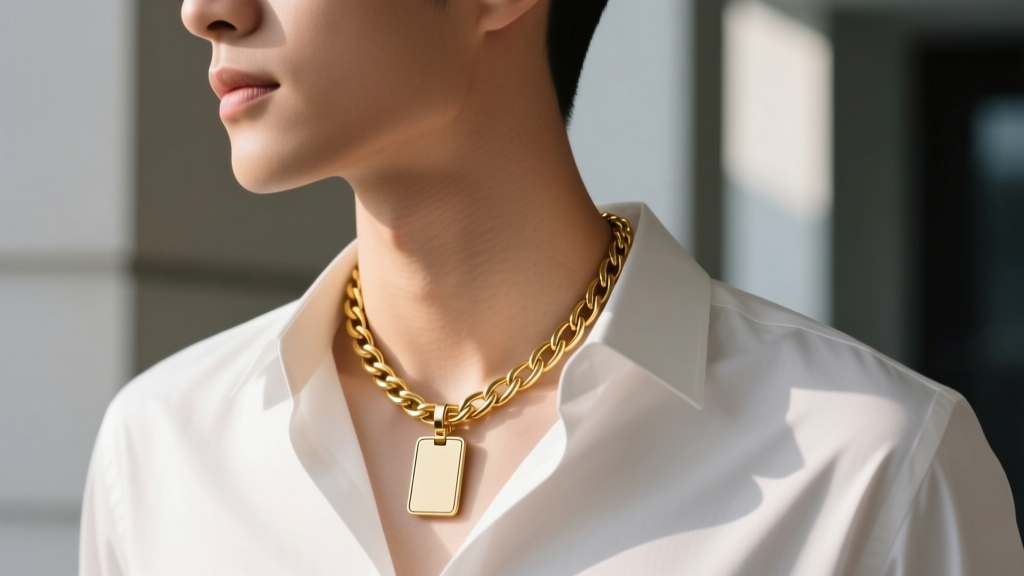 Side profile of a person wearing a 20-inch gold Figaro chain with a proportional rectangular ID pendant resting on the collarbone.