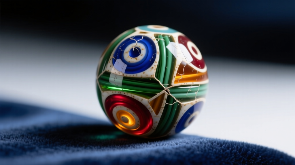 Macro shot of a vintage African millefiori trade bead showing intricate glass cane cross-sections and natural wear on dark cloth.