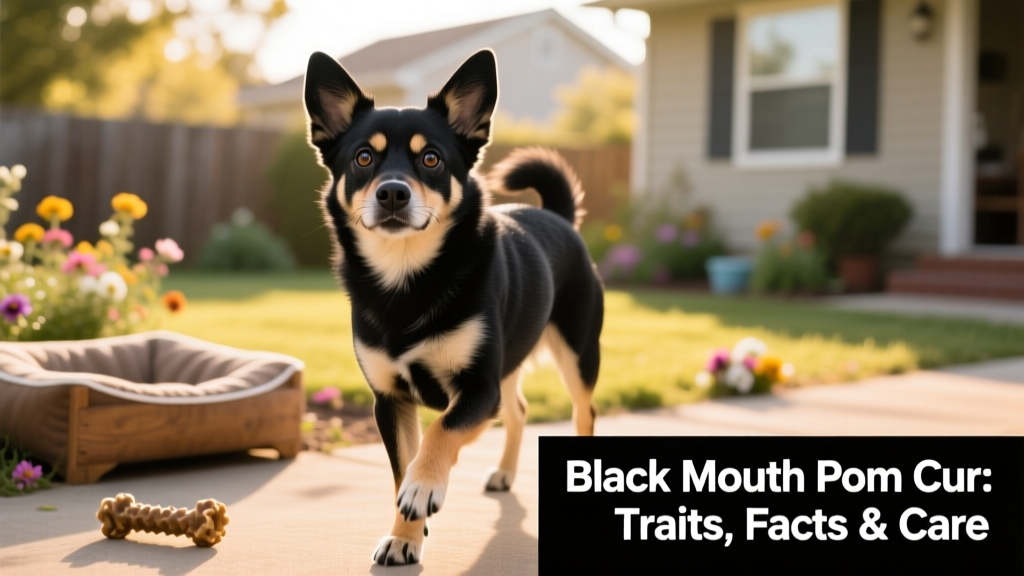 A friendly, medium-sized mixed-breed dog with a short, dense coat, alert ears, and expressive eyes—representing the Black Mouth Pom Cur