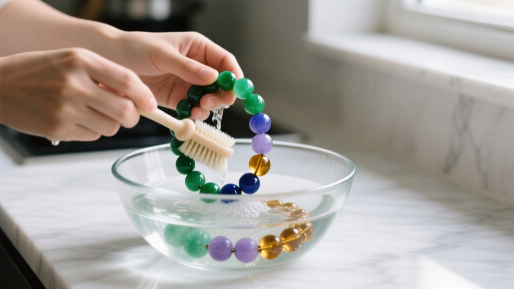 Hands gently washing a knotted multi colored jade bead necklace in a glass bowl of lukewarm soapy water using a soft baby brush.