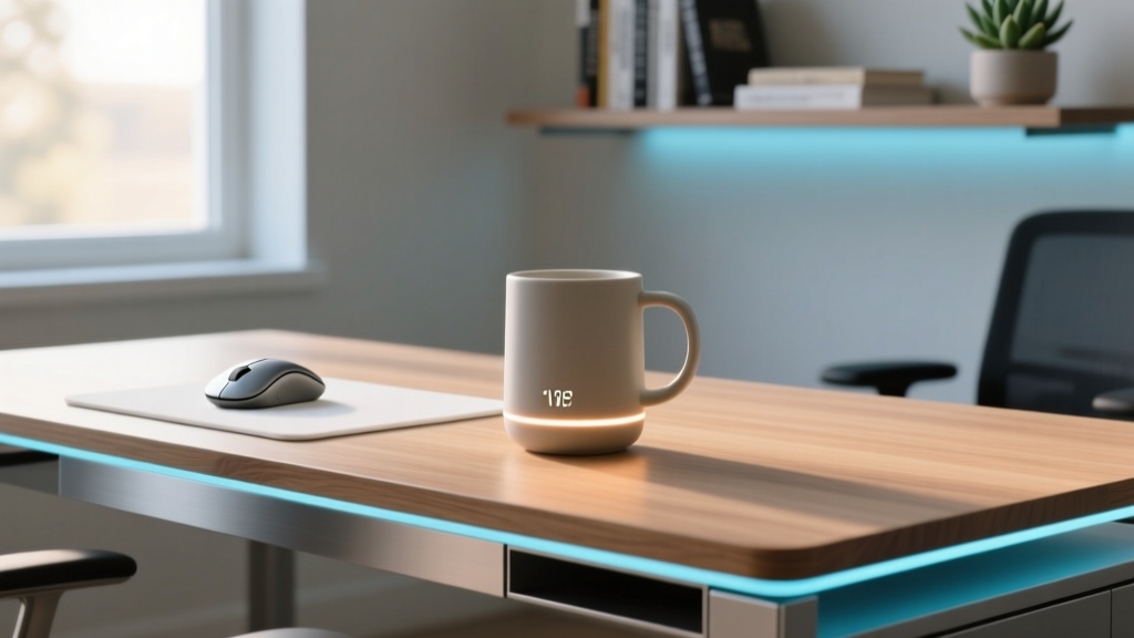 A beautifully lit modern home office desk featuring a smart temperature-control mug, an ergonomic trackball mouse, and ambient LED backlighting.