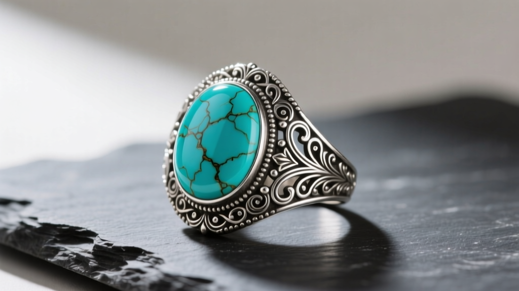 Ornate Indian sterling silver ring with a large veined turquoise cabochon resting on dark slate under soft directional lighting.
