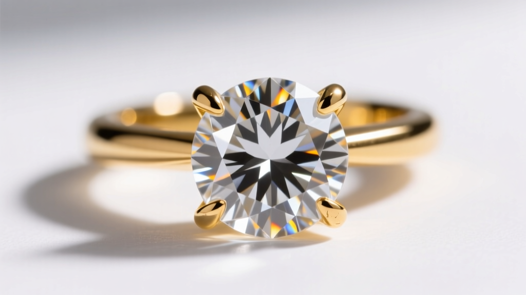 Macro shot of a brilliant diamond set in a 14k yellow gold four-prong setting, highlighting the faceted gem and polished metal.