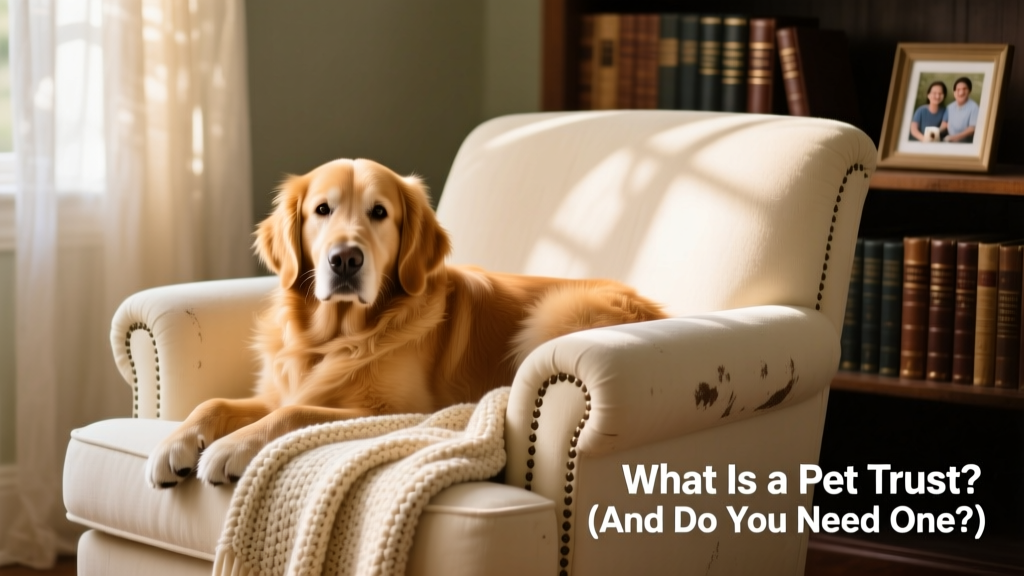 A golden retriever resting peacefully beside a cozy armchair and soft blanket