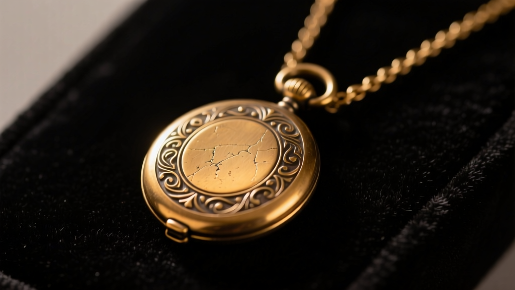 Antique brass locket necklace on dark velvet showing oxidized crevices and warm golden highlights under soft studio lighting.